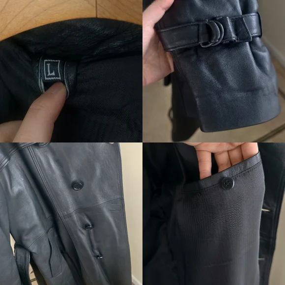 Vintage Black Genuine Leather Double Breasted Trench Coat - Picture 7 of 8